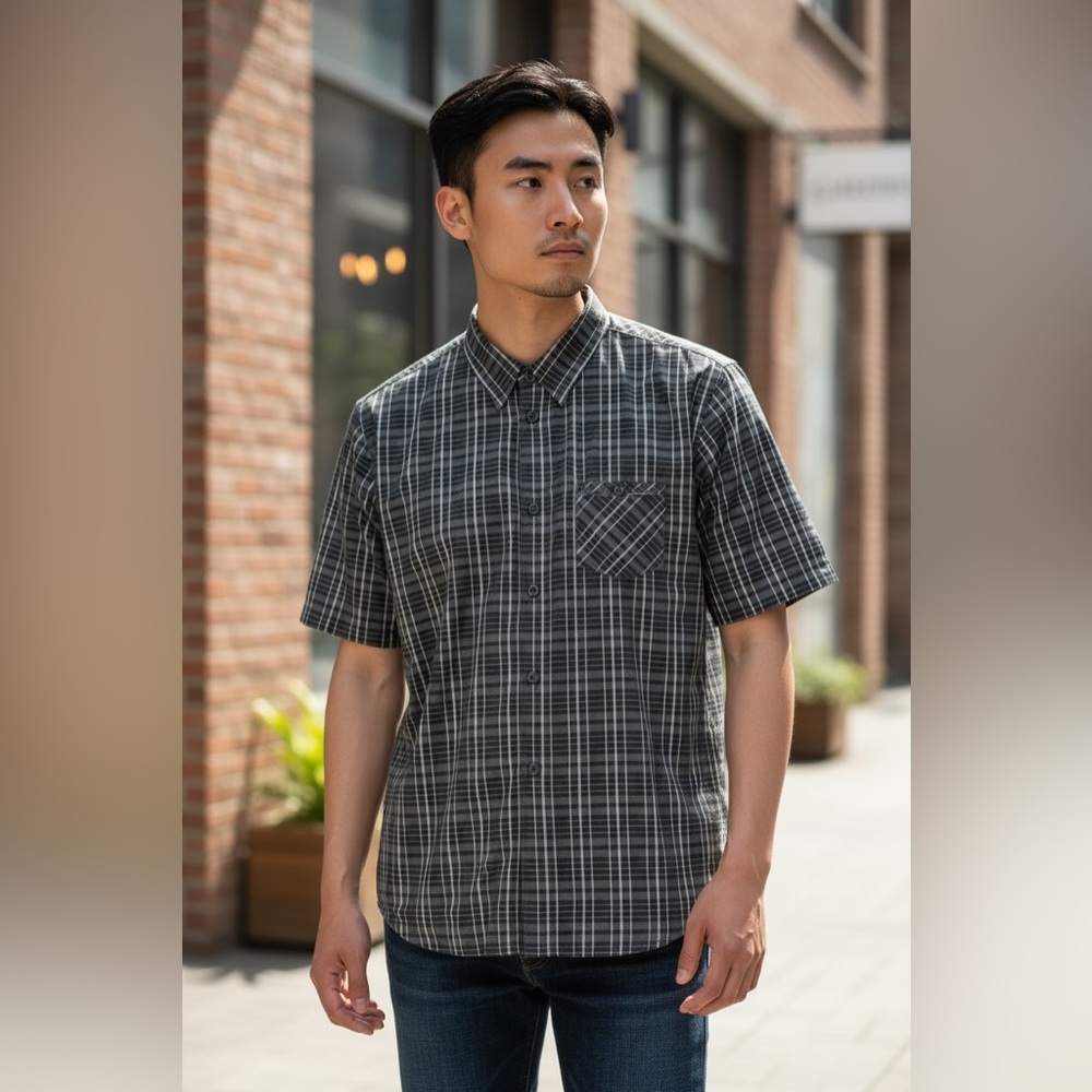 Oakley Men's Short Sleeve Button-Up Shirt Black/Gray Plaid  Size XL  Logo Pocket